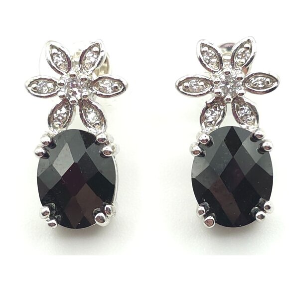Silver Flower & Black Stone Drop Earrings With Sparkling Accents - Picture 6 of 6